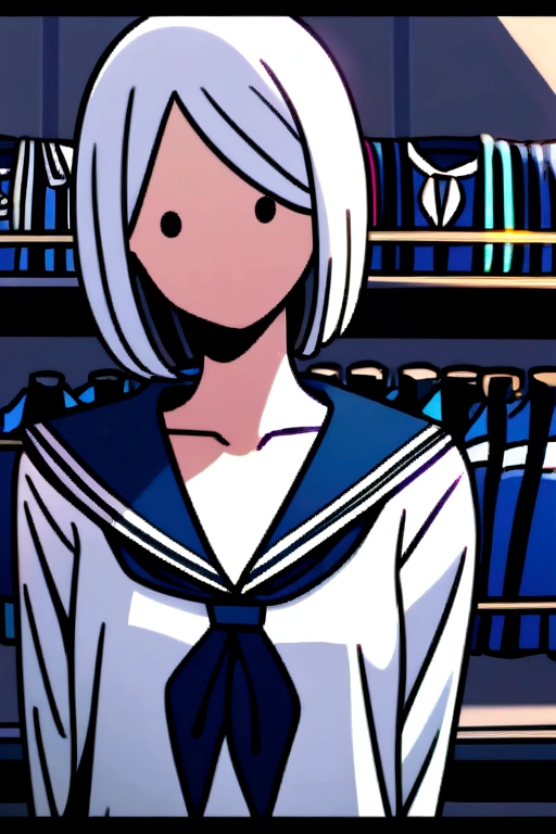 A neckless mannequin wearing a sailor fuku on a clothing store shelf