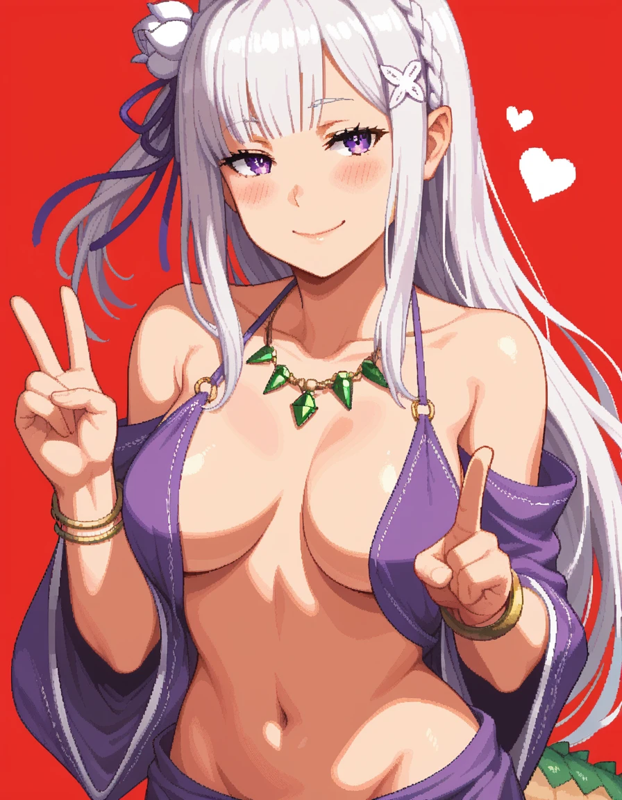 score_9, score_8_up, score_7_up, rating_safe, 1girl, solo, Pixel_Art,
Re:Zero, Emilia, purple eyes, white hair, long hair, side bangs, big breasts, revealing clothing, harem outfit, collarbone, backless, topless, cross halter, necklace, loose sleeves, bracelet, bare shoulders, navel , hip vent, harem pants, cowboy shot, v, raise hand, look at viewer, simple background, red background, heart background, blush, naughty face, smile, half-closed eyes, nude, ecchi, dragon tails, turn your back, big butt, hentai, porn