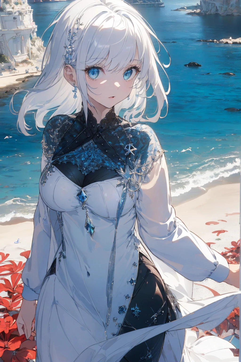 (seaside photo:1.1, in blue marine:1.5), Masterpiece, best quality, (very detailed CG unity 8k wallpaper), (best quality), High definition RAW color art, Animation,sculptures, (black Marble Skin), (((Ultra detailed elegant))), Magical atmosphere, Detailed skin, Texture,(Intricately detailed, Fine detail, ultra-detail art), depth of fields, bokeh, Silky Touch, Hyper Detail, beautiful eyes, Elegant Face, (standing, view from below), sparkle background, enormous breast:1.3, (silver hair), pure white, muscle, embarrassing red face, wide open udder, shorthair, elegant bikini