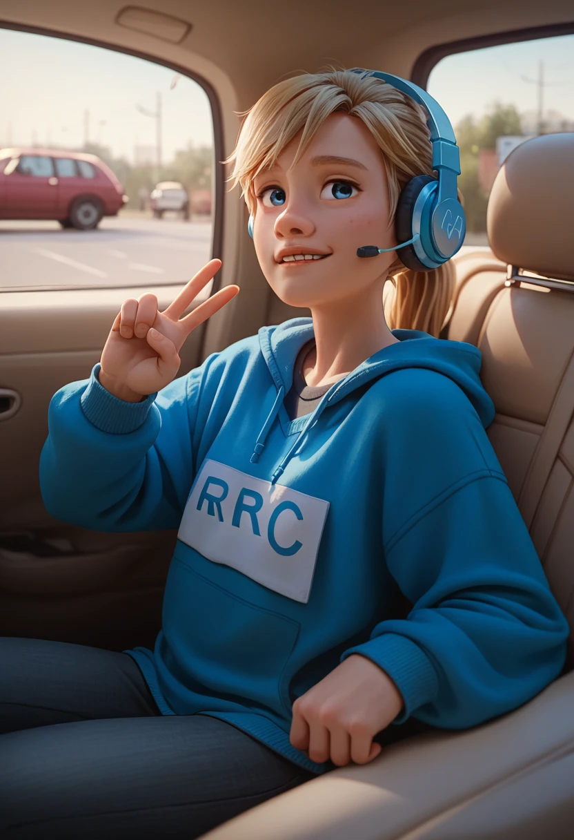 score_9, score_8_up, score_7_up, score_6_up, score_5_up, score_4_up, ri_ley2, rating_questionable, 1 girl, ponytail, blond hair, blue eyes, in a car, headphones, blue hoodie, Peace sign