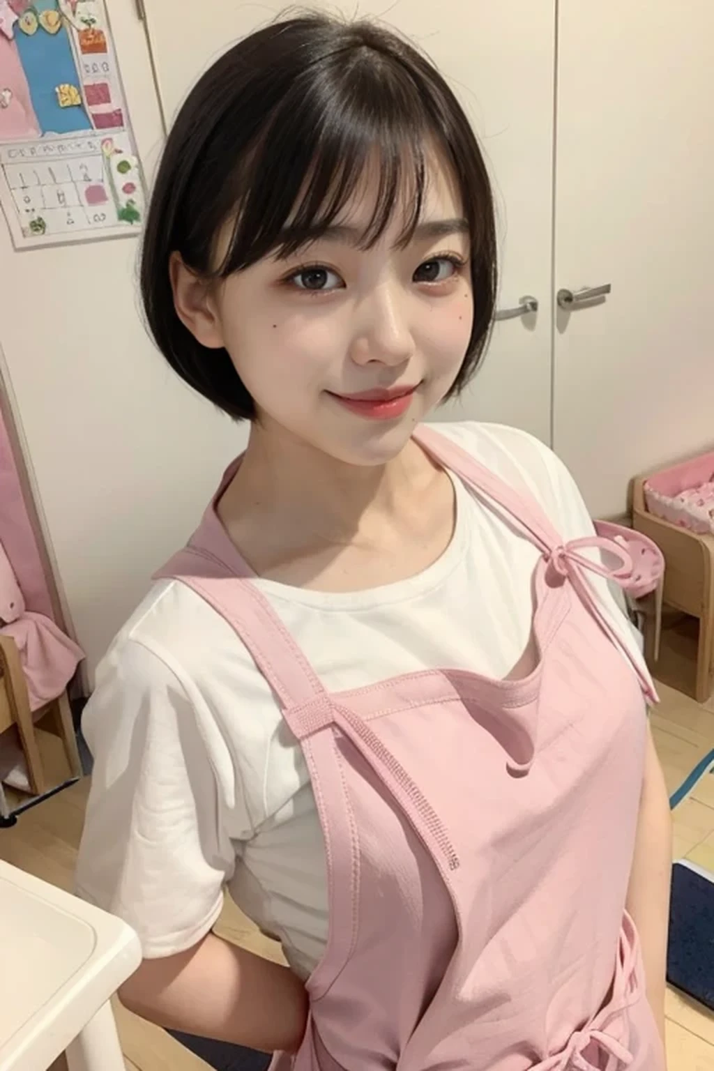 ( teacher, pale pink apron, kindergarten:1.3), (adult women:1.5),large breasts, (in the kids room:1.2), children’s toy, in the daytime, gentle smile, one girl, 14 years oldoto, best quality, masterpiece, realistic, photo-realistic, clear, professional lighting, BREAK, no makeup face, smile, BREAK, (short cut hair, small breasts:1.2), (looking back:1.2), black eyes, black hair