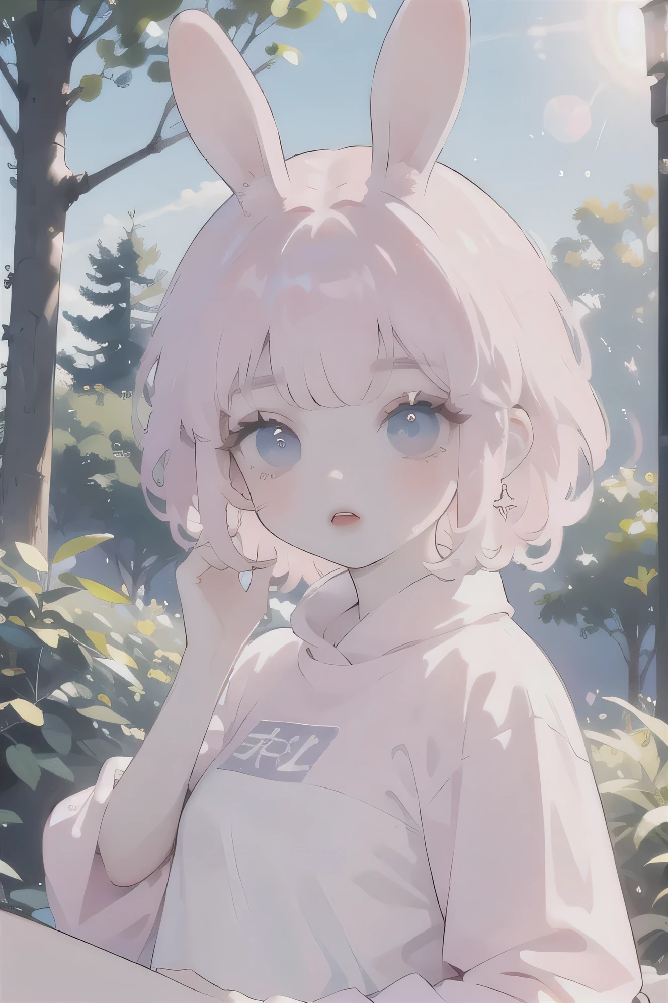 (high quality) (best quality) (a woman) (correct physiognomy) (Perfect students) (perfect eyes) woman with ears bunny in his head, deep pink long fluffy hair pink, two rabbit ears coming out of her head, blue eyes, sensitive lips, feminine appearance, soft facial features, thin eyebrows, soft skin, rosy cheeks, pink lips, silky eyelashes, dreamy expression, middle age, youthful clothes, printed sweatshirt, photo illuminated by sunlight, Woman sitting in the forest.