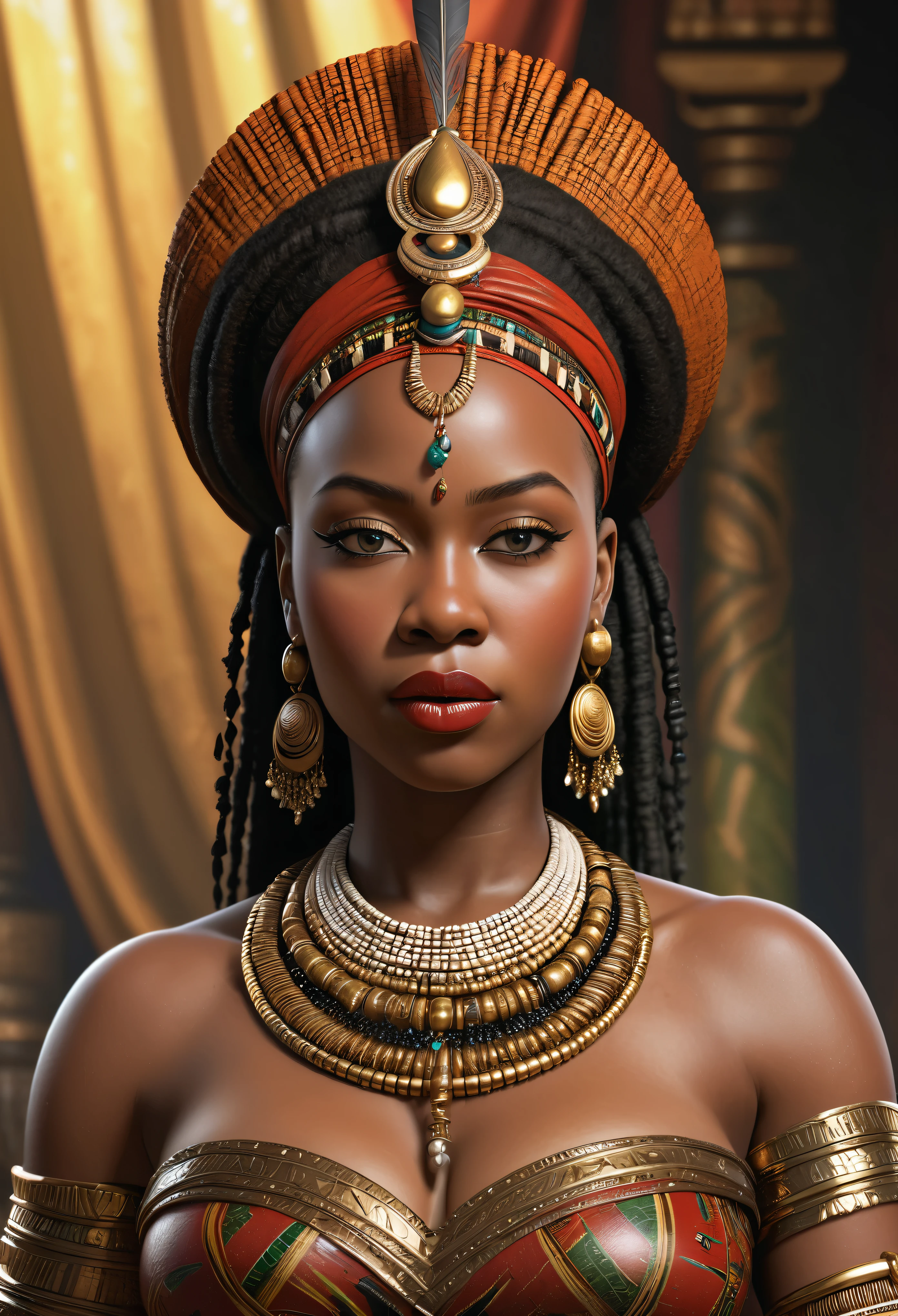 a highly detailed, realistic representation of Queen Nzinga, thick figure, attractive, gorgeous, beautiful, queen, African warrior attire, adorned with tribal jewelry and a striking expression.