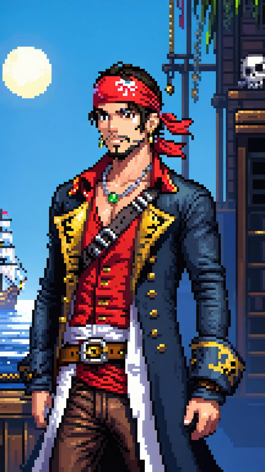 (Pixel art: 1.2), 1 man, 30 years old, with a muscular build, light brown eyes, medium-length silky black hair, wearing a red bandana on his head, a gold earring in his right ear, a gold tooth, a necklace with a green stone and silver necklaces, a blue overcoat with gold ornaments, a leather belt, a white vest and a semi-open dress shirt, the blue overcoat sleeves cover up to the forearms, white gloves on his hands, leather boots, reinforced blue pants, side view, visible lips and nose, Black background, pirate style, nothing out of the frame.