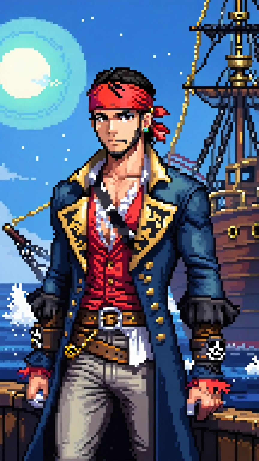 (Pixel art: 1.2), 1 man, 30 years old, with a muscular build, light brown eyes, medium-length silky black hair, wearing a red bandana on his head, a gold earring in his right ear, a gold tooth, a necklace with a green stone and silver necklaces, a blue overcoat with gold ornaments, a leather belt, a white vest and a semi-open dress shirt, the blue overcoat sleeves cover up to the forearms, white gloves on his hands, leather boots, reinforced blue pants, side view, visible lips and nose, Black background, pirate style, nothing out of the frame.