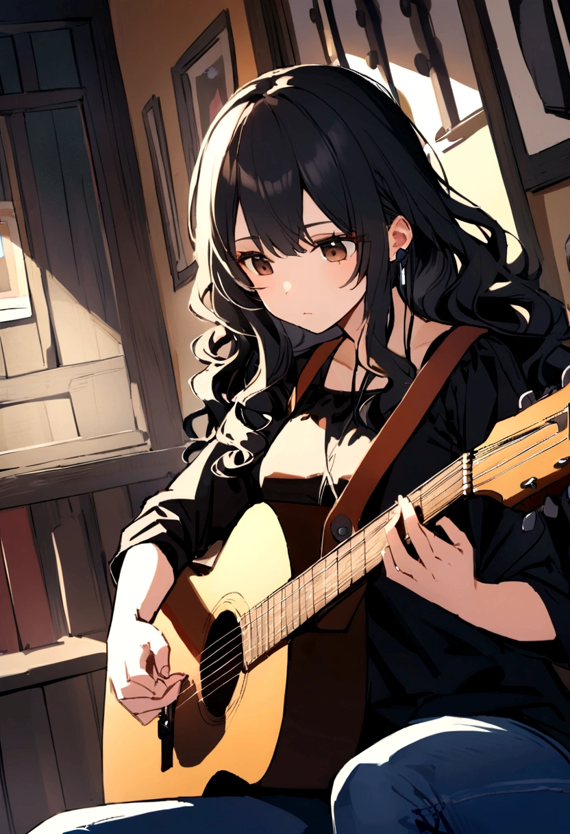 (work of art, maximum quality) 1 girl, musical instrument shop, alone , black blouse , brown dark eyes , holding a giaannini guitar ,earbuds, sit down, containment, guitar pick, instrument, long hair, music , jeans, hinterland , com objetos de アニメs, dynamic angle , Bblack hair , アニメ ,  skin black, wavy hair 
