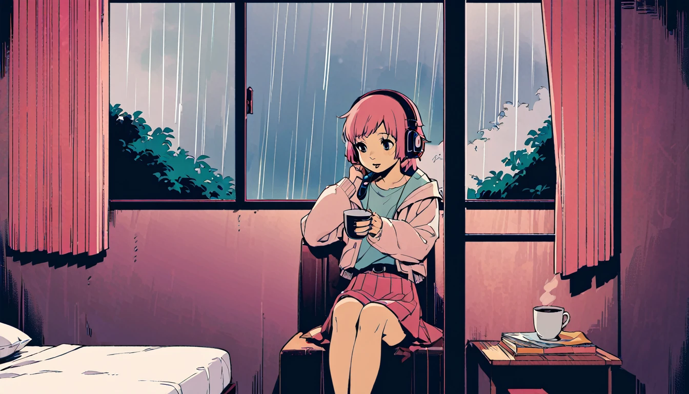 Lofi Song, sitting on the bed. looking at the window, having a coffee. listening to music on headphones, while looking out the window and seeing the rain falling