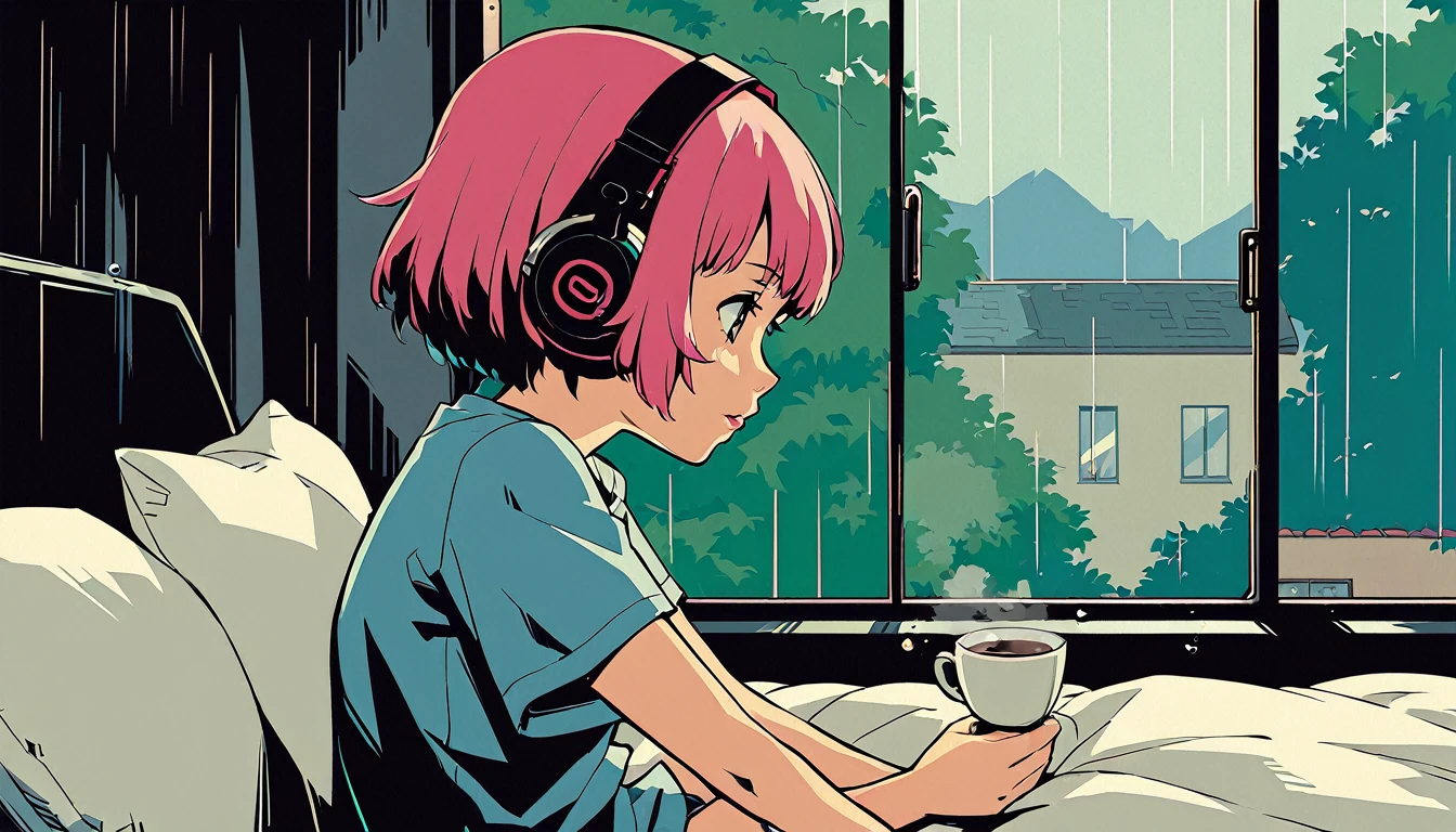 Lofi Song, sitting on the bed. looking at the window, having a coffee. listening to music on headphones, while looking out the window and seeing the rain falling