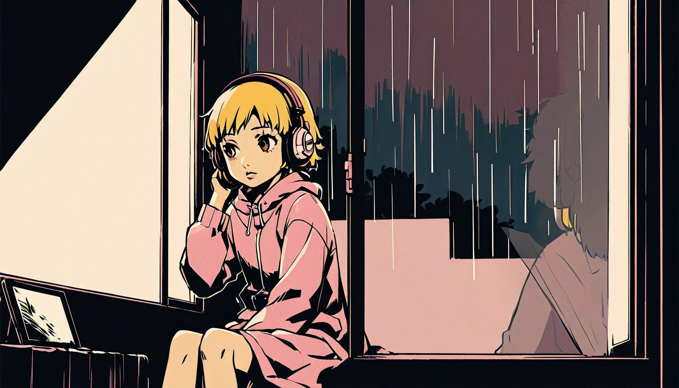 Lofi Song, sitting on the bed. looking at the window, having a coffee. listening to music on headphones, while looking out the window and seeing the rain falling