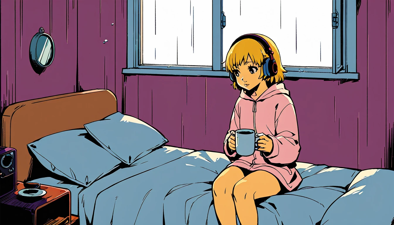 Lofi Song, sitting on the bed. looking at the window, having a coffee. listening to music on headphones, while looking out the window and seeing the rain falling