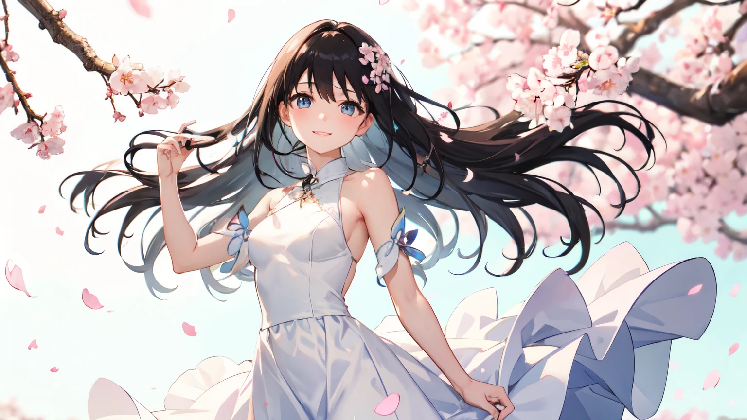 Anime girl in a white dress with long black hair and a blue umbrella ...