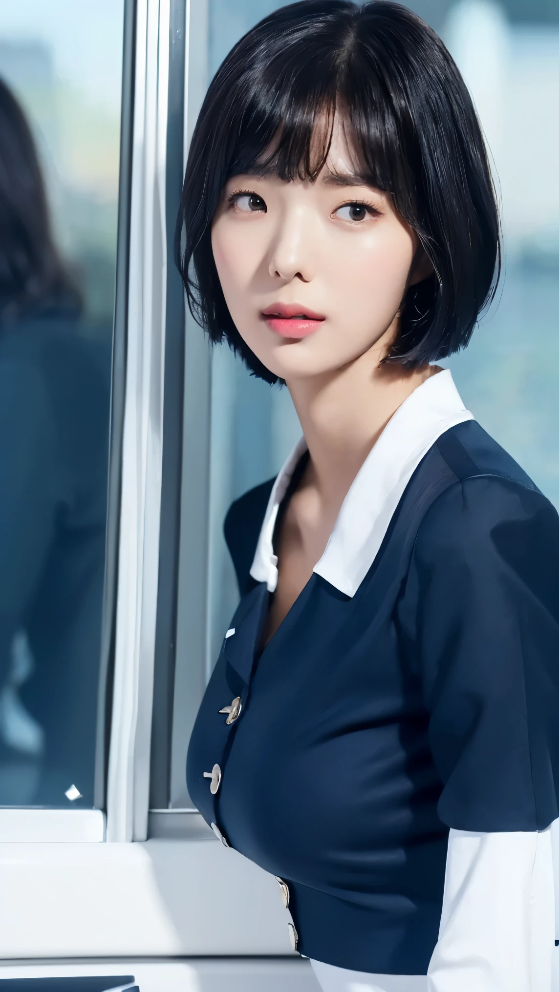 (((sexy crop dark blue flight attendant uniform with heels))) (((half body three girl foto))), detailed skin, ((asia white skin color)), detailed skin, big breasts, slim body, gigantic breasts, Slim Waist, 4K resolution,((pursed lips)) (((short hair BLACK wavy bangs thick hairstyle))) ((white skin)) ((extremely detailed face)) ((extremely detailed eyes))  (((sexy body pose)))  ((outdoor background at luxury plane, passangers etc)) (((looked on camera))) look camera, ((sixpack woman)) ((model posture)), face extremely detailed, full body color photo of a 22 y.o girl, beautiful face, beautiful eyes,  ((skin details, high texture)), hand fix, finger fix, nails fix, realistic hand wrinkles, realistic eyes, octane render, simetris eyes.