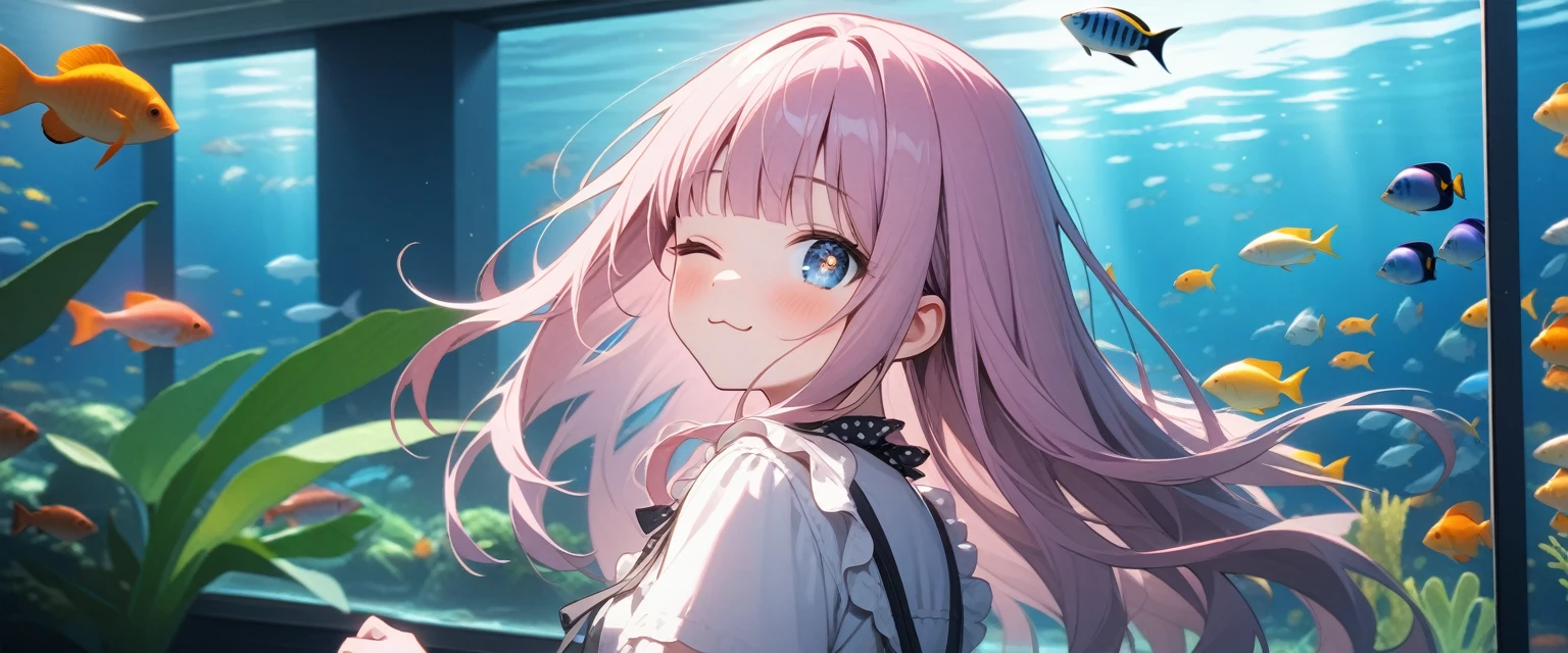 (8K, best quality, master piece: 1.2), super high resolution,1 girl,solo,16yo,ultra-detailed face,detailed eyes,sparkling eyes,one eye closed,blunt bangs,Mauve pink hair,Straight hair,Long hair,white short sleeve petal collar blouse,blue eyes,polka-dot pattern facinator ribbon decoration:1.2,,looking back,;3,wink,rim light,So many ornamental fish,aquarium