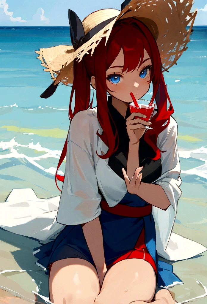 A young woman with short twin tails of crimson red hair and blue eyes. She is dressed in a modern fashion Loose and spacious white cloth for swimming that covers most of her skin. She wears a large straw hat. She wears sunglasses. she is sitting either next to or on a beach. She holds a glass of juice in one hand"