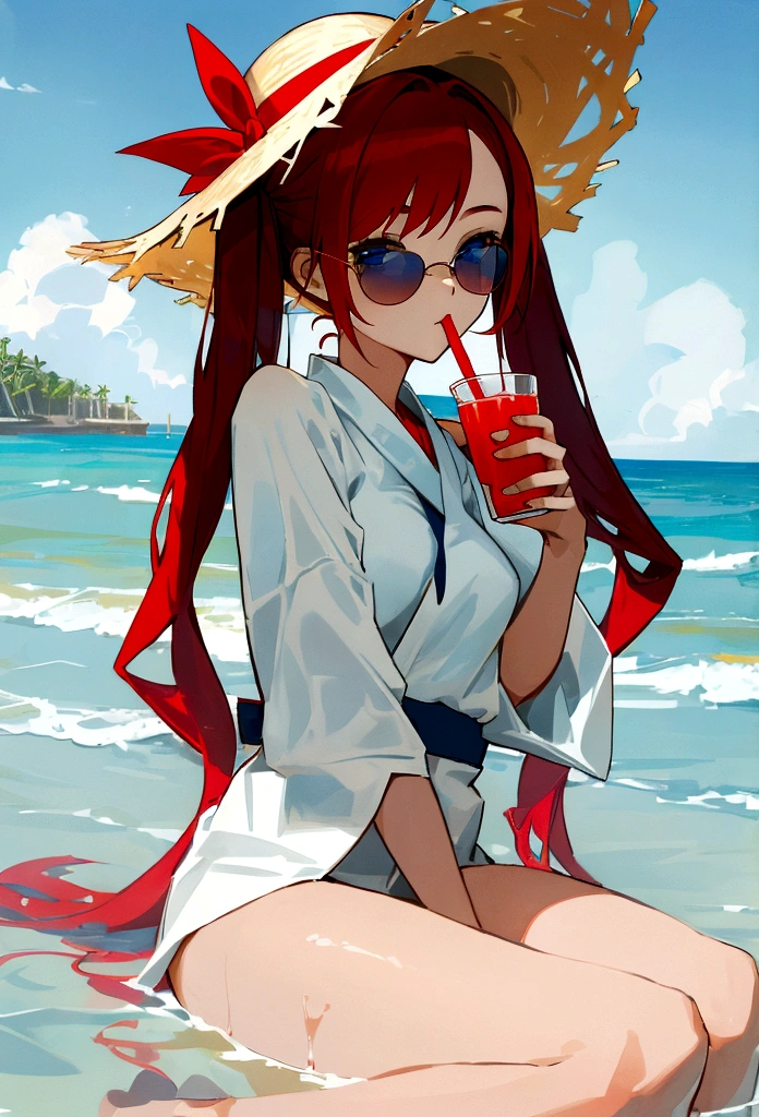 A young woman with short twin tails of crimson red hair and blue eyes. She is dressed in a modern fashion Loose and spacious white cloth for swimming that covers most of her skin. She wears a large straw hat. She wears sunglasses. she is sitting either next to or on a beach. She holds a glass of juice in one hand"
