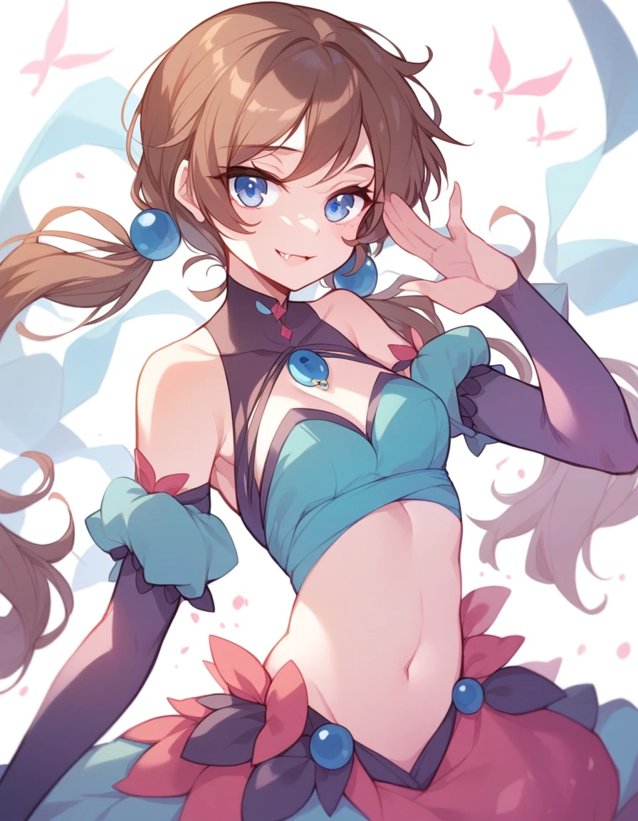 BREAK Perfect Anatomy、(High resolution:1.2)、Incredible illustrations、(Cute illustrations:1.2)、()(cinematic angle)
(Beautiful background(premium stage))
1girl(brown hair,Low long twin tails (blue eyes,faint lips,fang,;D)idol costume)
sing and dance:1.4