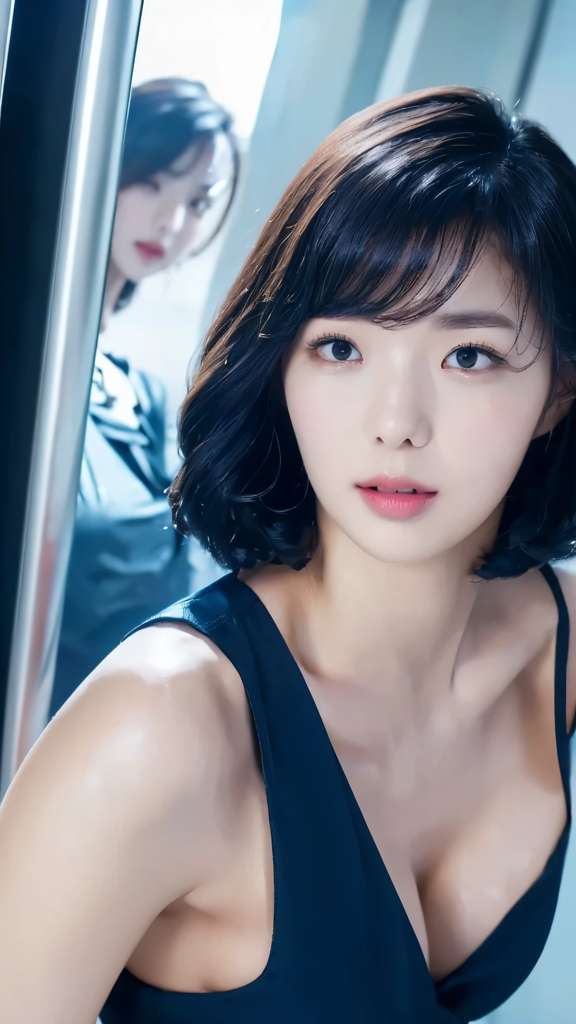 (((sexy crop dark blue flight attendant uniform with heels))) (((half body three girl foto))), detailed skin, ((asia white skin color)), detailed skin, big breasts, slim body, gigantic breasts, Slim Waist, 4K resolution,((pursed lips)) (((short hair BLACK wavy bangs thick hairstyle))) ((white skin)) ((extremely detailed face)) ((extremely detailed eyes)) (((sexy body pose))) ((outdoor background at luxury plane, passangers etc)) (((looked on camera))) look camera, ((sixpack woman)) ((model posture)), face extremely detailed, full body color photo of a 22 y.o girl, beautiful face, beautiful eyes, ((skin details, high texture)), hand fix, finger fix, nails fix, realistic hand wrinkles, realistic eyes, octane render, simetris eyes.