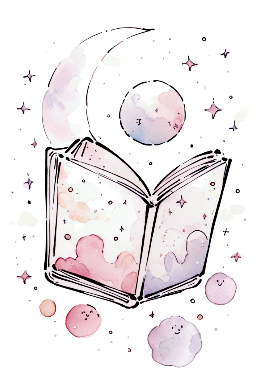 Minimalist doodle of the moon in a book on a white background. Simple line art, pastel watercolor.