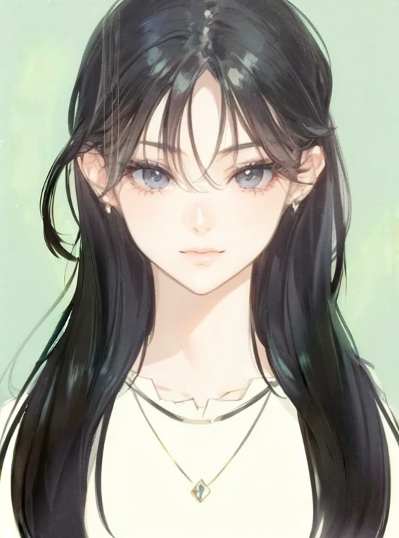 beautiful girl, black hair, gray eyes, cool, office, discreet, elegant, attractive, magical, manhwa, beautiful dress