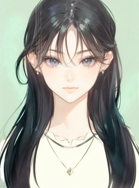 beautiful girl, black hair, gray eyes, cool, office, discreet, elegant, attractive, magical, manhwa, beautiful dress