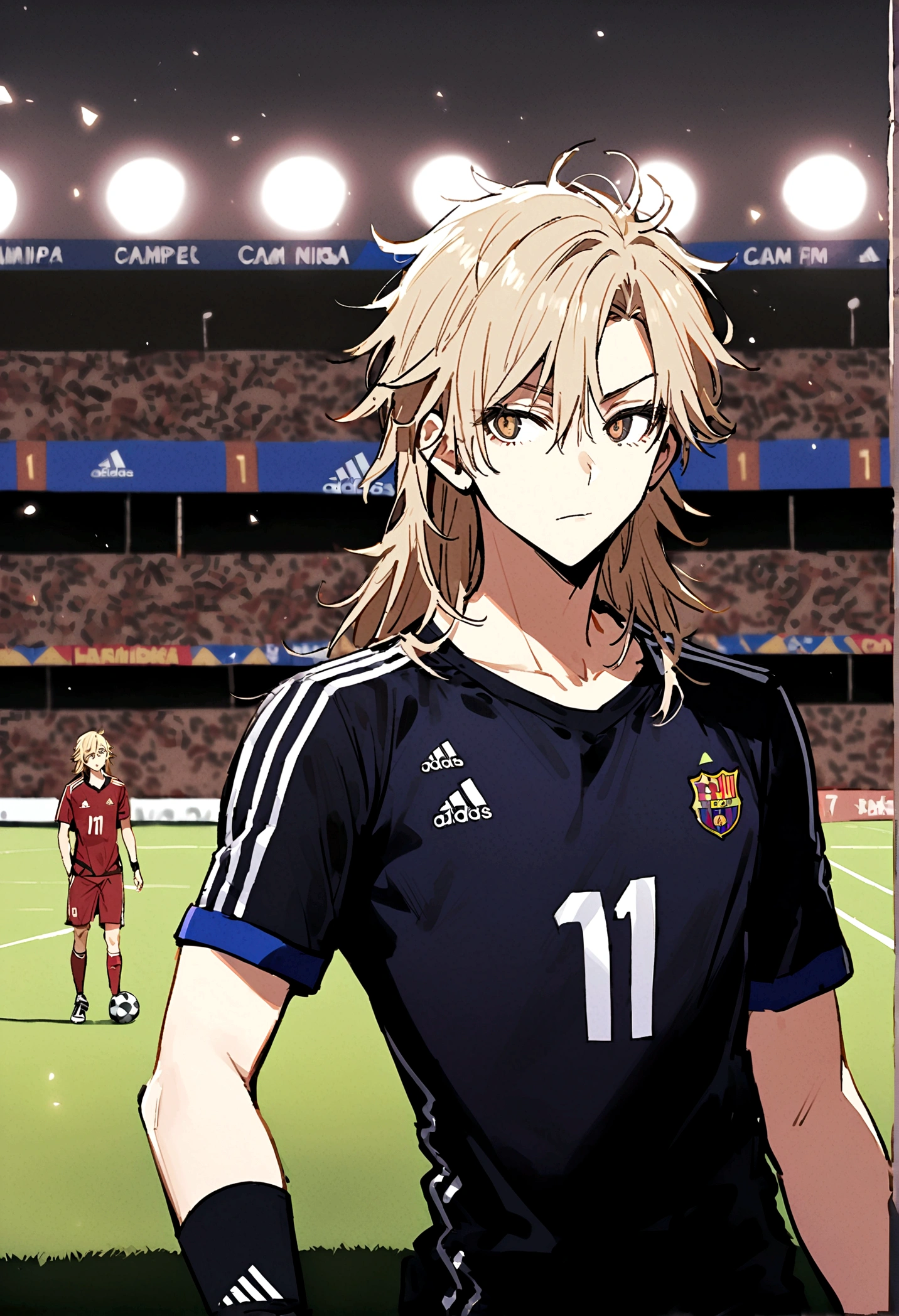 1boy, lion eyes, Vestindo a camisa da seleção iraquiana da Adidas, Sentado em uma bola de futebol no centro do Camp Nou, brown eyes, fashionable hair, blonde hair, black shirt, number 11, looking at the side, {{long hair}}, upperbody, messy hair, detailed eyes,