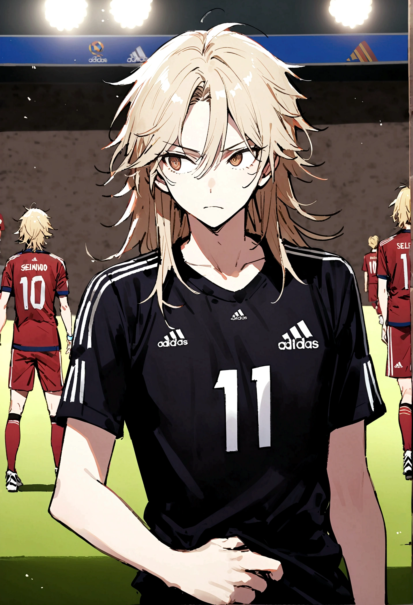 1boy, lion eyes, Vestindo a camisa da seleção iraquiana da Adidas, Sentado em uma bola de futebol no centro do Camp Nou, brown eyes, fashionable hair, blonde hair, black shirt, number 11, looking at the side, {{long hair}}, upperbody, messy hair, detailed eyes,