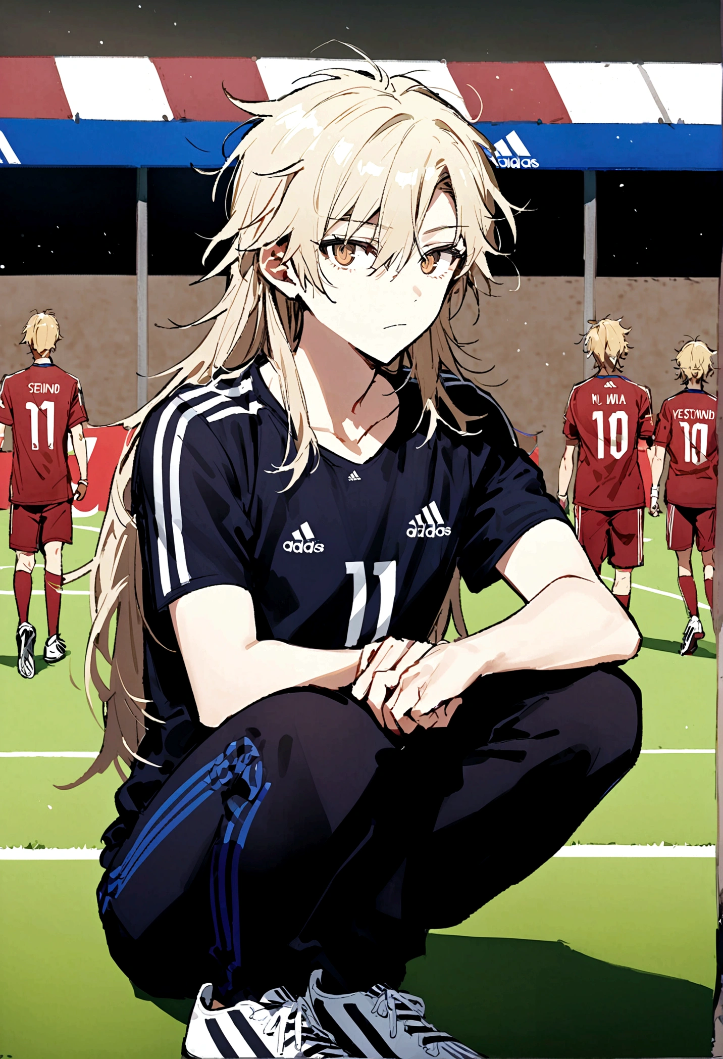 1boy, lion eyes, Vestindo a camisa da seleção iraquiana da Adidas, Sentado em uma bola de futebol no centro do Camp Nou, brown eyes, fashionable hair, blonde hair, black shirt, number 11, looking at the side, {{long hair}}, upperbody, messy hair, detailed eyes,