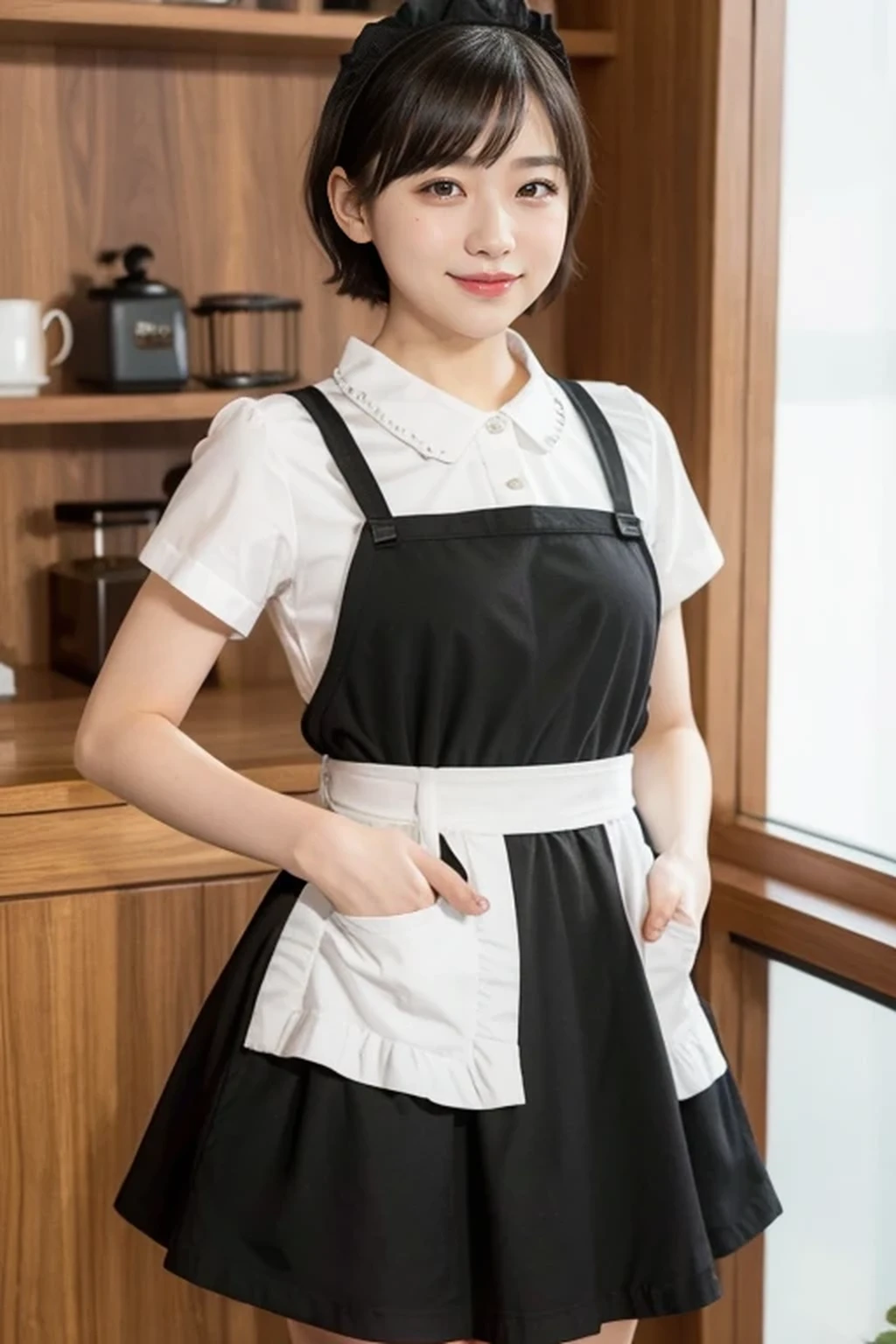 maid, maid clothes, maid apron, maid headdress, frilled skirt, one girl, , 8k, RAW photo, best quality, masterpiece, realistic, photo-realistic, clear, professional lighting, BREAK, no makeup face, smile, BREAK, (short cut hair, small breasts:1.2), (looking back:1.2), black eyes, black hair