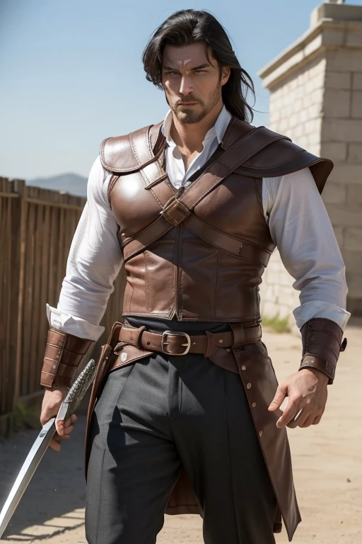 Kael is a tall man, Muscular and imposing, with combed black hair, intense blue eyes and slightly tanned skin. He has some discreet scars that show his experience in battles.. Your posture and serious facial expression convey confidence and respect.
Kael wears a sturdy linen shirt and a lightweight leather vest for flexibility and basic protection. Its wide cotton pants and robust leather boots guarantee mobility and comfort. He wears a leather belt with pouches for essential supplies and a thick wool cape for protection from the weather and camouflage and a sword in a sheath at his waist..
