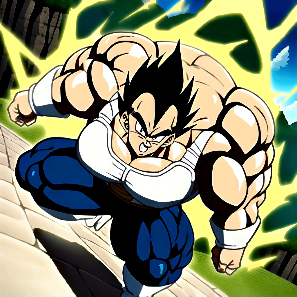 1boy, Vegeta, from Dragon Ball Z, yellow hair, spiked hair, green eyes, male focus, straddle stance, (huge muscles:2), full body, yellow aura, electricity, Dragon Ball Z artstyle, in the style of Akira Toriyama, white tiled floor, outdoors, flat-top mountains, Overhead View , masterpiece, best quality, very aesthetic, absurdres