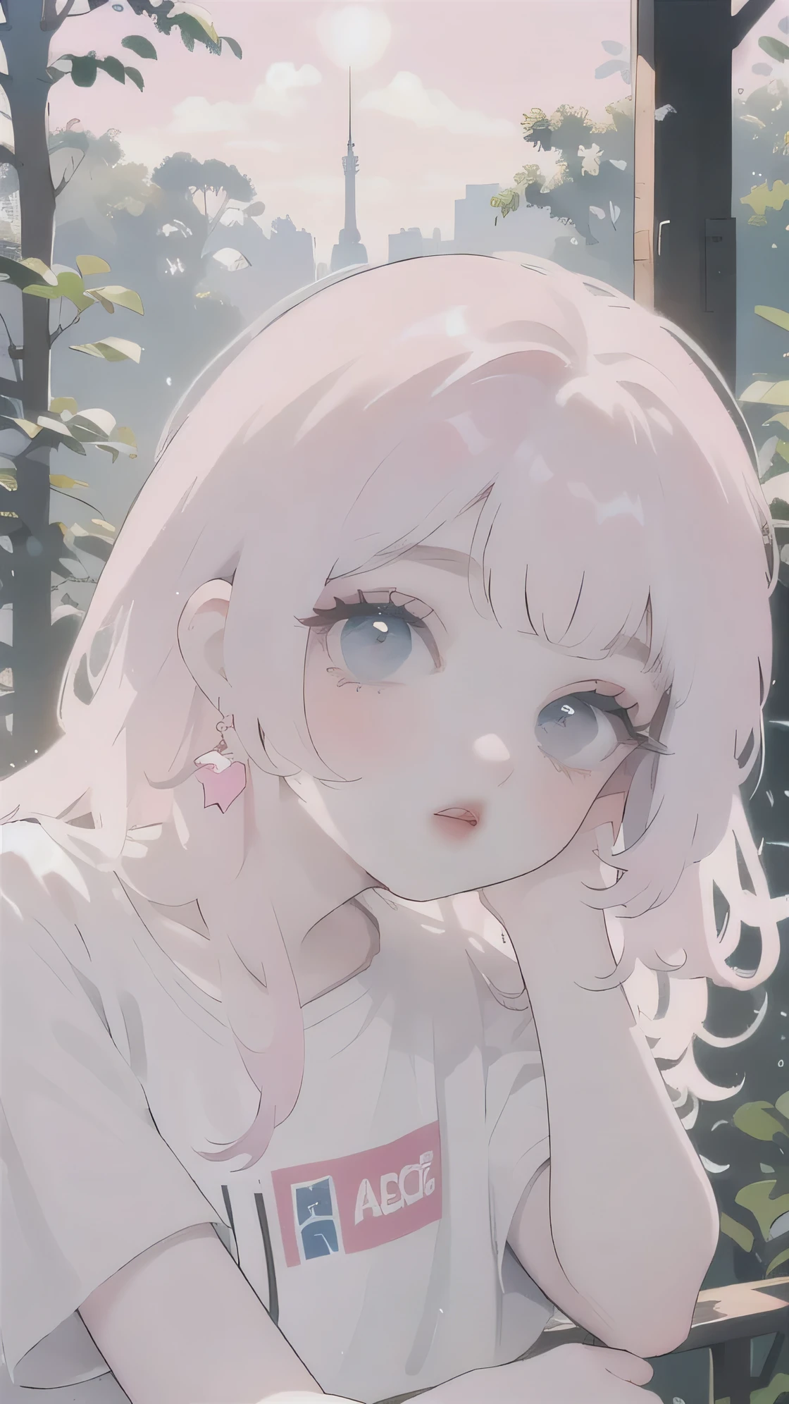 (high quality) (best quality) (a woman) (correct physiognomy) (Perfect students) (perfect eyes) woman with ears bunny in his head, deep pink long fluffy hair pink, two rabbit ears coming out of her head, blue eyes, sensitive lips, feminine appearance, soft facial features, thin eyebrows, soft skin, rosy cheeks, pink lips, silky eyelashes, dreamy expression, middle age, youthful clothes, printed sweatshirt, photo illuminated by sunlight, Woman sitting in the forest.
