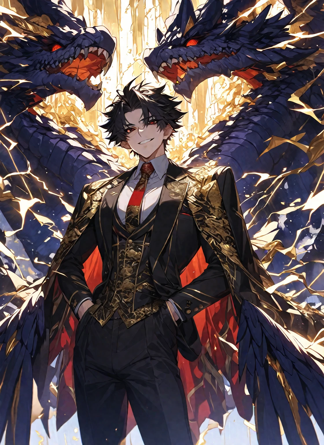Best quality, one, beautiful, 1 man, with a sporty body, V-shaped body, wide shoulders, in a detailed black British suit, mysterious and calm smile, big wings of dragon thunder, sharp ears, short black hair, model hair, black sclera and blood-red iris of the eyes, around it lines and threads of golden lightning, against the background of a pillar of golden thunderstorms, all in golden thunderstorms and covered with gold zippers, golden golden thunder threads