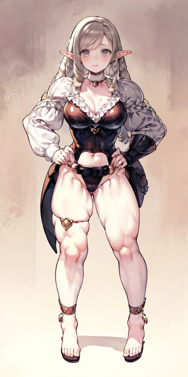 female drow elf blue pale skin full body whole body 1sologirl loincloth standing warrior proud expression, hands on hips, loincloth standing, hands on hips, metal sandals, leather choker with golden bell bellybutton navel, leather corset, big belt, view from below, feet together, bracers, tiara, barefoot no shoes, looking to viewer straight symmetrical, solo girl looking to the camera, cow bell choker leather collar choker neck bell, golden necklace, metal sandals, black and white bikini (cow pattern black and white dots) black thigh highs
