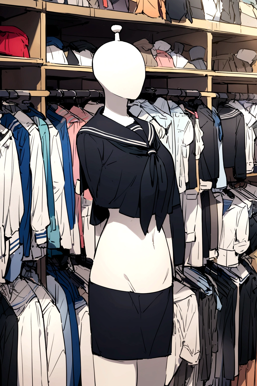 A mannequin wearing a sailor fuku black on a clothing store shelf