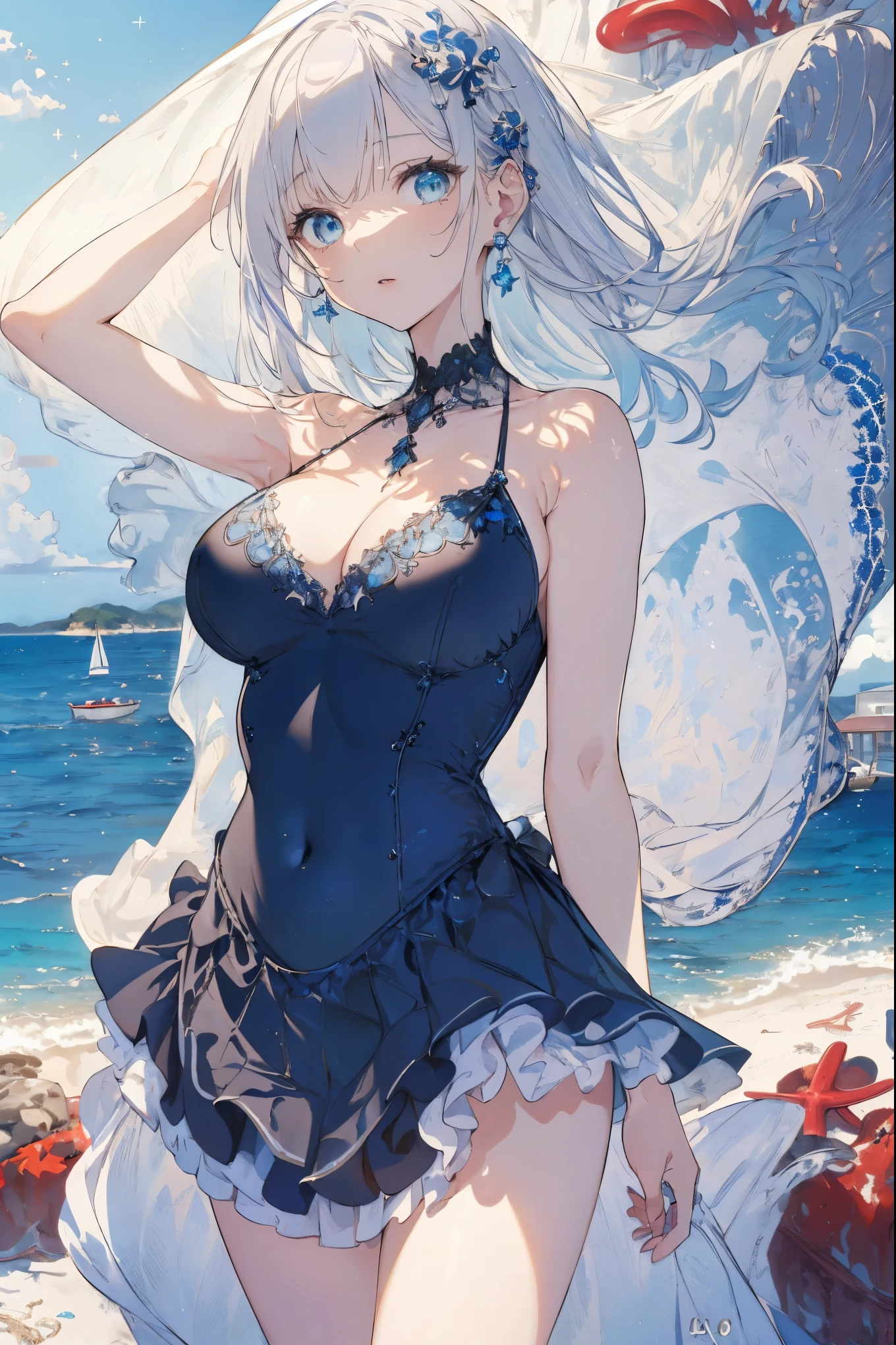 (seaside photo:1.1, in blue marine:1.5), Masterpiece, best quality, (very detailed CG unity 8k wallpaper), (best quality), High definition RAW color art, Animation,sculptures, (black Marble Skin), (((Ultra detailed elegant))), Magical atmosphere, Detailed skin, Texture,(Intricately detailed, Fine detail, ultra-detail art), depth of fields, bokeh, Silky Touch, Hyper Detail, beautiful eyes, Elegant Face, (standing, view from below), sparkle background, enormous breast:1.3, (silver hair), pure white, muscle, embarrassing red face, wide open udder, shorthair, elegant bikini