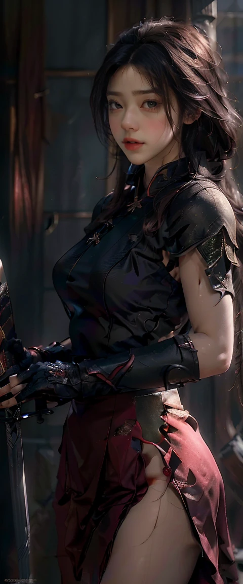 ((Masterpiece, Superior quality, high resolution, photorealistic, RAW, 8K Wallpaper)), A swordswoman dressed as a Chinese., Hero of the Three Kingdoms, (A large sword is held in both hands.), She has long black hair tied back., He wears iron armor and a red cape.., Surrounded by enemy soldiers with a burning city in the background.,