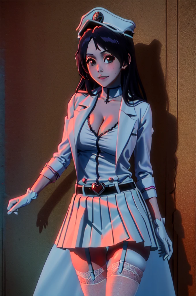 (best quality, masterpiece:1.2), (blush:1.2), realistic portrait of Chitanda Eru, captivating big eyes, she stands gracefully , suggestive smile, short white pleated skirt, upskirt, gloves, white thigh high stockings with garter belt, belt, looking at viewer, medium breasts, exposed cleavage, braless. The picture showcases impeccable attention to detail, with ultra-detailed rendering of textures, vibrant colors, and sharp focus. The lighting accentuates the richness of the scene, creating a visually stunning and emotionally engaging masterpiece.