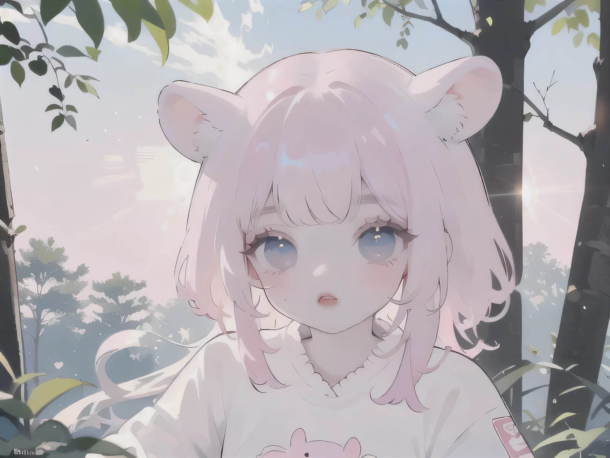 (high quality) (best quality) (a woman) (correct physiognomy) (Perfect students) (perfect eyes) woman with ears bunny in his head, deep pink long fluffy hair pink, two rabbit ears coming out of her head, blue eyes, sensitive lips, feminine appearance, soft facial features, thin eyebrows, soft skin, rosy cheeks, pink lips, silky eyelashes, dreamy expression, middle age, youthful clothes, printed sweatshirt, photo illuminated by sunlight, Woman sitting in the forest.
