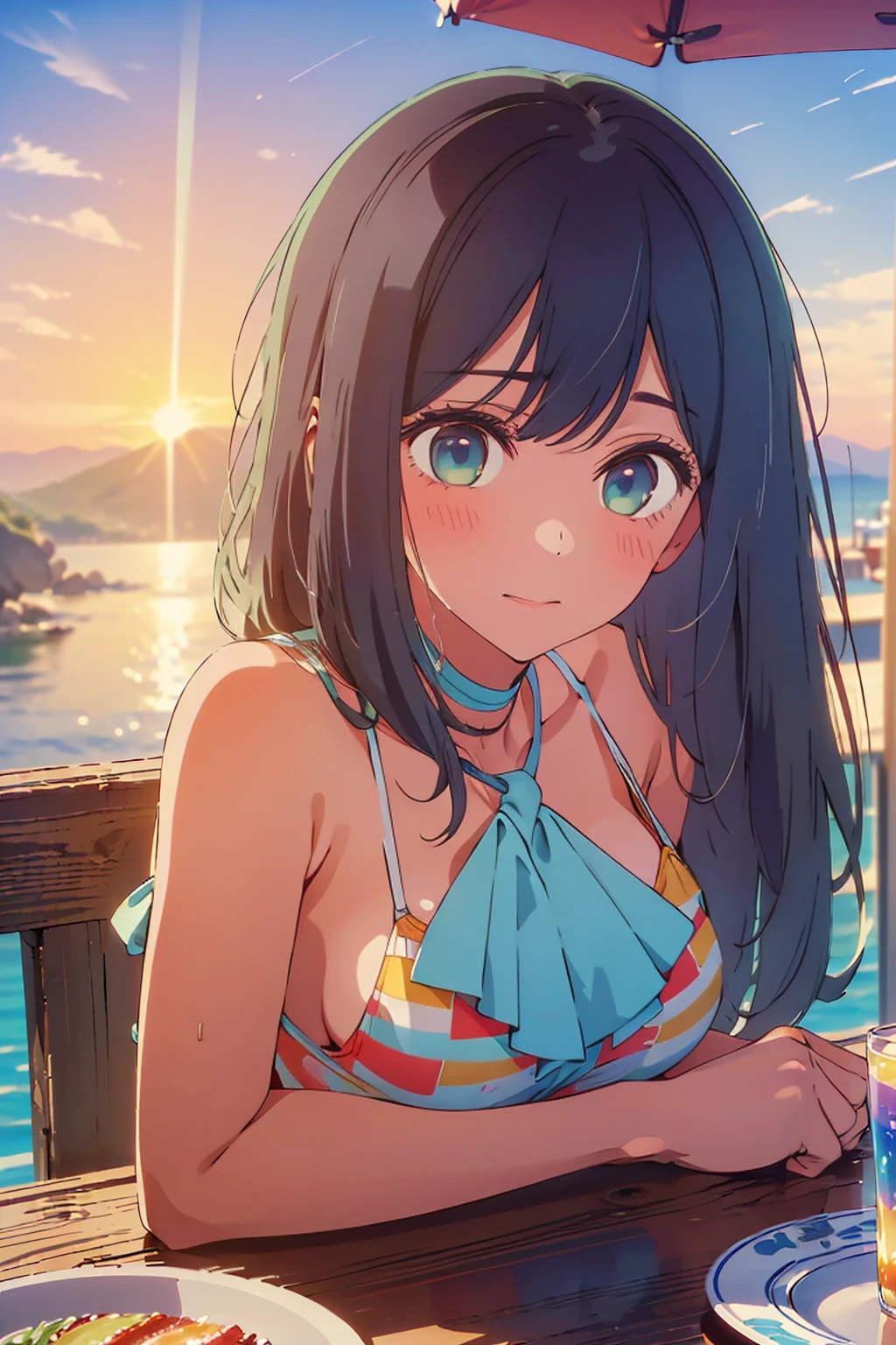 (Highest quality:1.4、masterpiece:1.4、Super detailed:1.4、8K:1.4)、Slim body、((((1 person、Surprised expression、sit、Outdoor café terrace、coastal、juice、table、Sandy Beach、bikini、juiceのグラスを持つ、Big eyes、Shallow depth of field、Very cute face))))、(((sunset、Sunset)))、(((bikiniサイズは小さい)))、F cup bust、Big Breasts、Get up close and take a photo、Areola protrudes