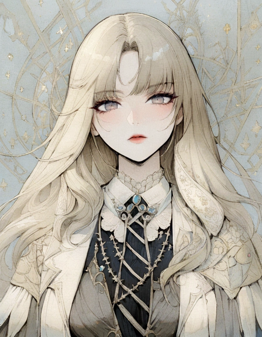 beautiful girl, black hair, gray eyes, cool, office, discreet, elegant, attractive, magical, manhwa, beautiful dress
