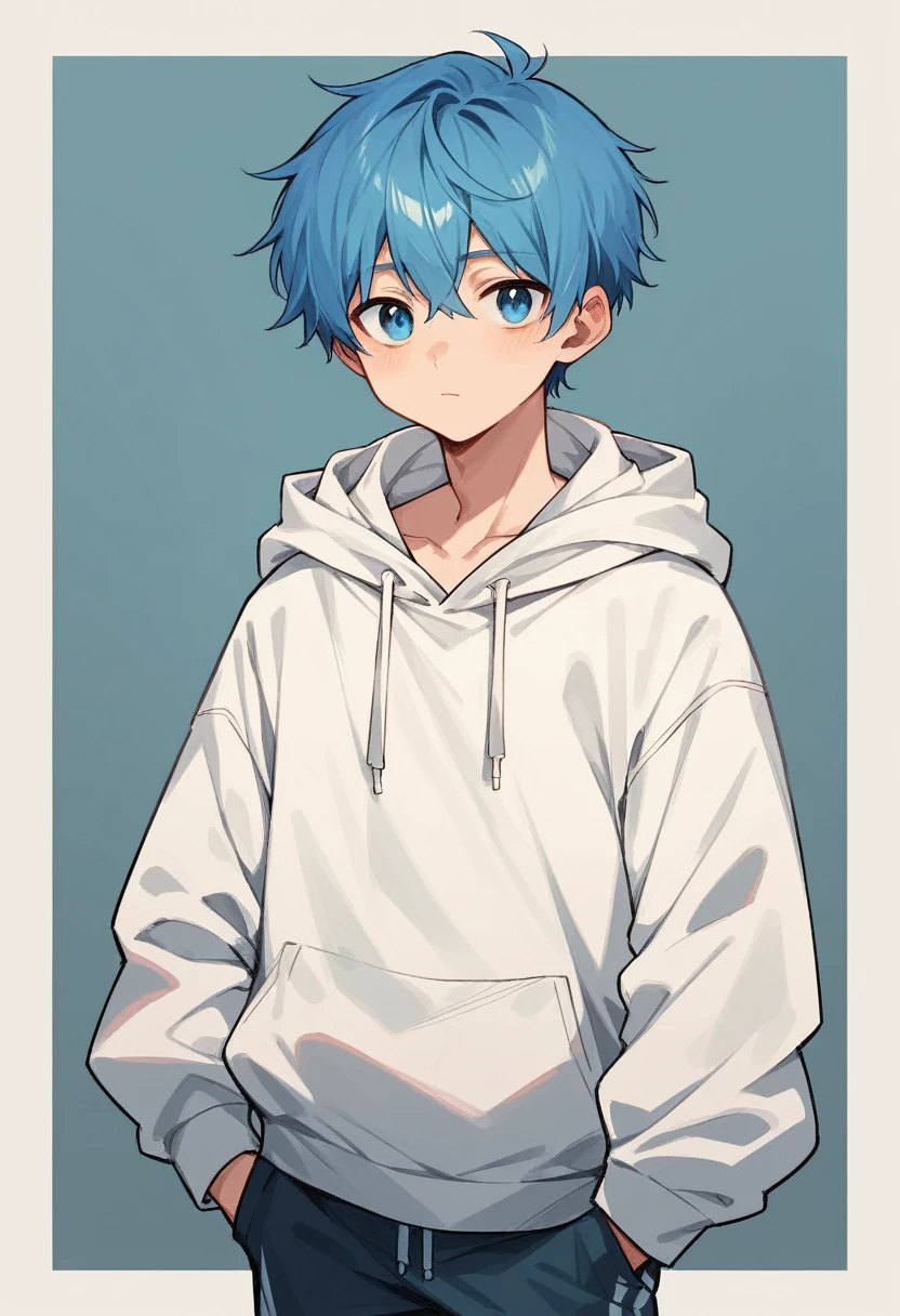 Young male with blue eyes, medium-length blond hair, a thin frame, medium height. Dressed in oversized hoodie and trackpants.