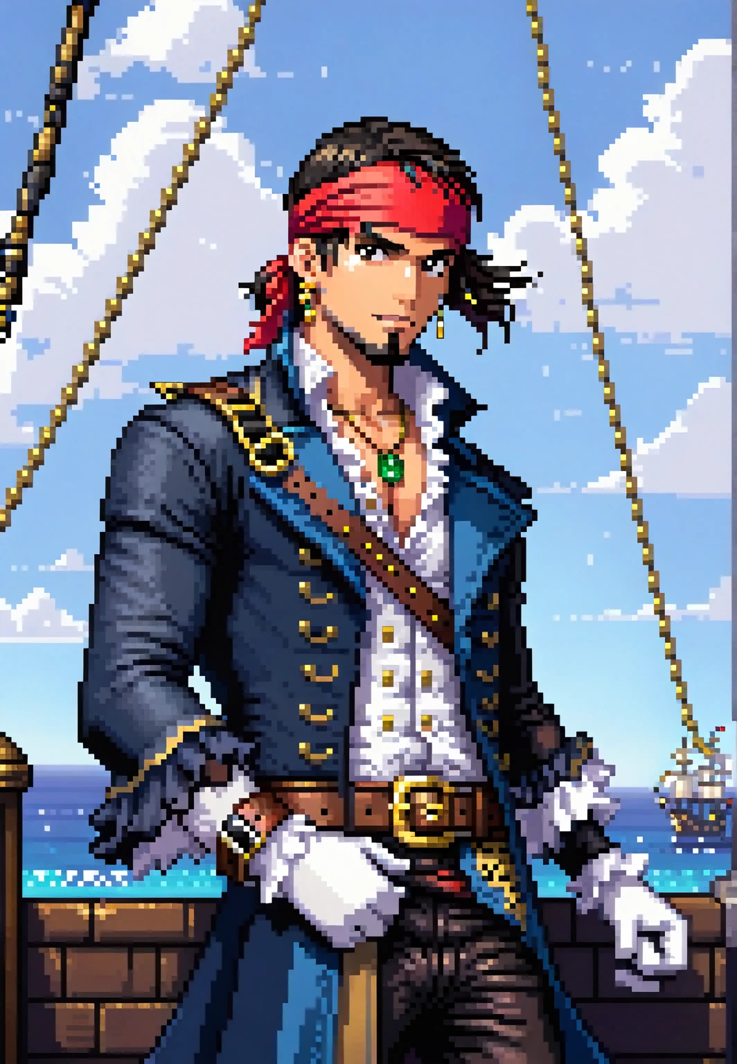 (Pixel art: 1.2), 1 man, 30 years old, with a muscular build, light brown eyes, medium-length silky black hair, wearing a red bandana on his head, a gold earring in his right ear, a gold tooth, a necklace with a green stone and silver necklaces, a blue overcoat with gold ornaments, a leather belt, a white vest and a semi-open dress shirt, the blue overcoat sleeves cover up to the forearms, white gloves on his hands, leather boots, reinforced blue pants, side view, visible lips and nose, Black background, pirate style, nothing out of the frame.