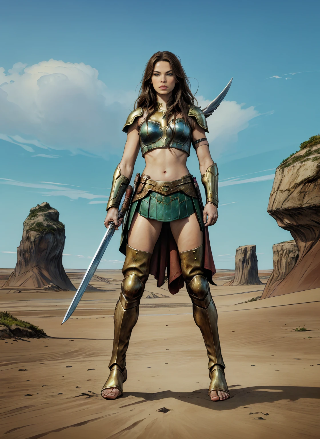 ((Full body photo, standing, feet on the ground)) Alison Tyler as a Valkyrie of Asgard, blue eyes, long brown hair, perfect body, Lady Knight, correct anatomy, holding a great magic sword, epic fantasy digital art, masterpiece, 8k, high definition resolution, detailed drawing, Superior Quality, Epic Composition, green eyes
, flats for women