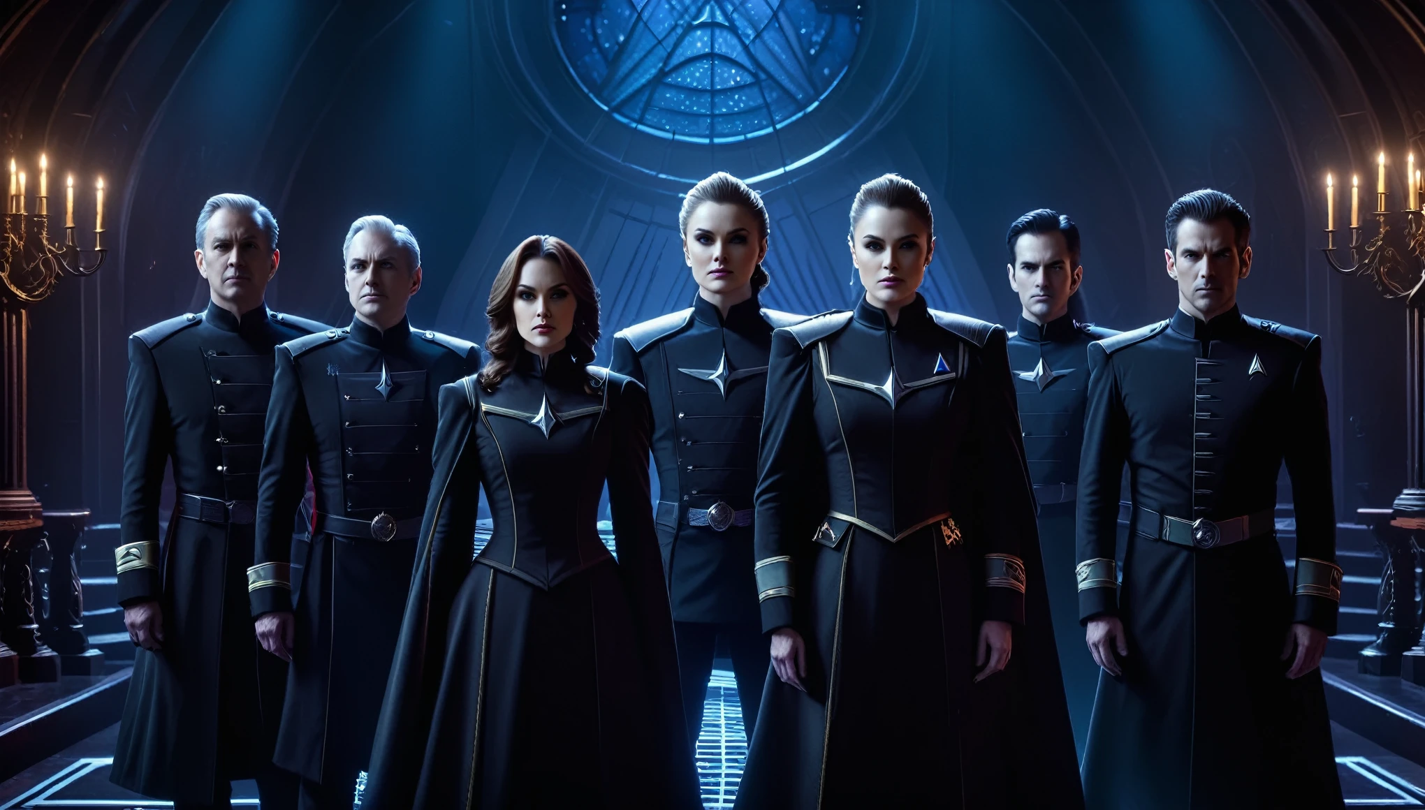 The five Starfleet captains portrayed in a gothic style, with dark, moody tones, dramatic lighting, and an air of mystery.