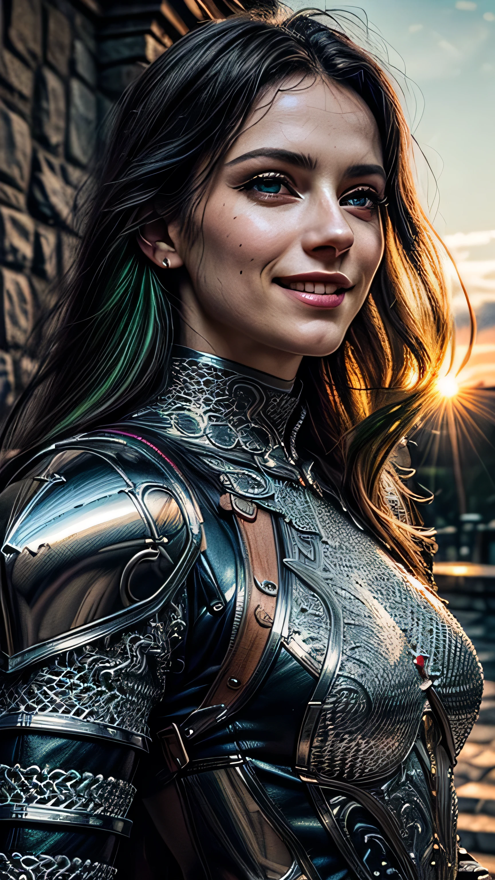 (masterpiece, photorealistic:1.4, extremely intricate:1.3), (photon mapping, radiosity, physically based rendering, ultra resolution, hyper-realistic, photorealistic:1.4, hyper-realistic, 8K), portrait of a muscular girl, ((Sumptuous armor from the late Renaissance, black chrome perfectchainmail armor:1.4, (long eyelashes), clear green eyes, smiling)), metal reflections, upper body, outdoors, intense sunlight, far away castle, professional photograph of a stunning woman, (long straight black hair, blowing, dynamic pose), sharp focus, dramatic, award winning, cinematic lighting, (film grain, bokeh, interaction, sunrise)