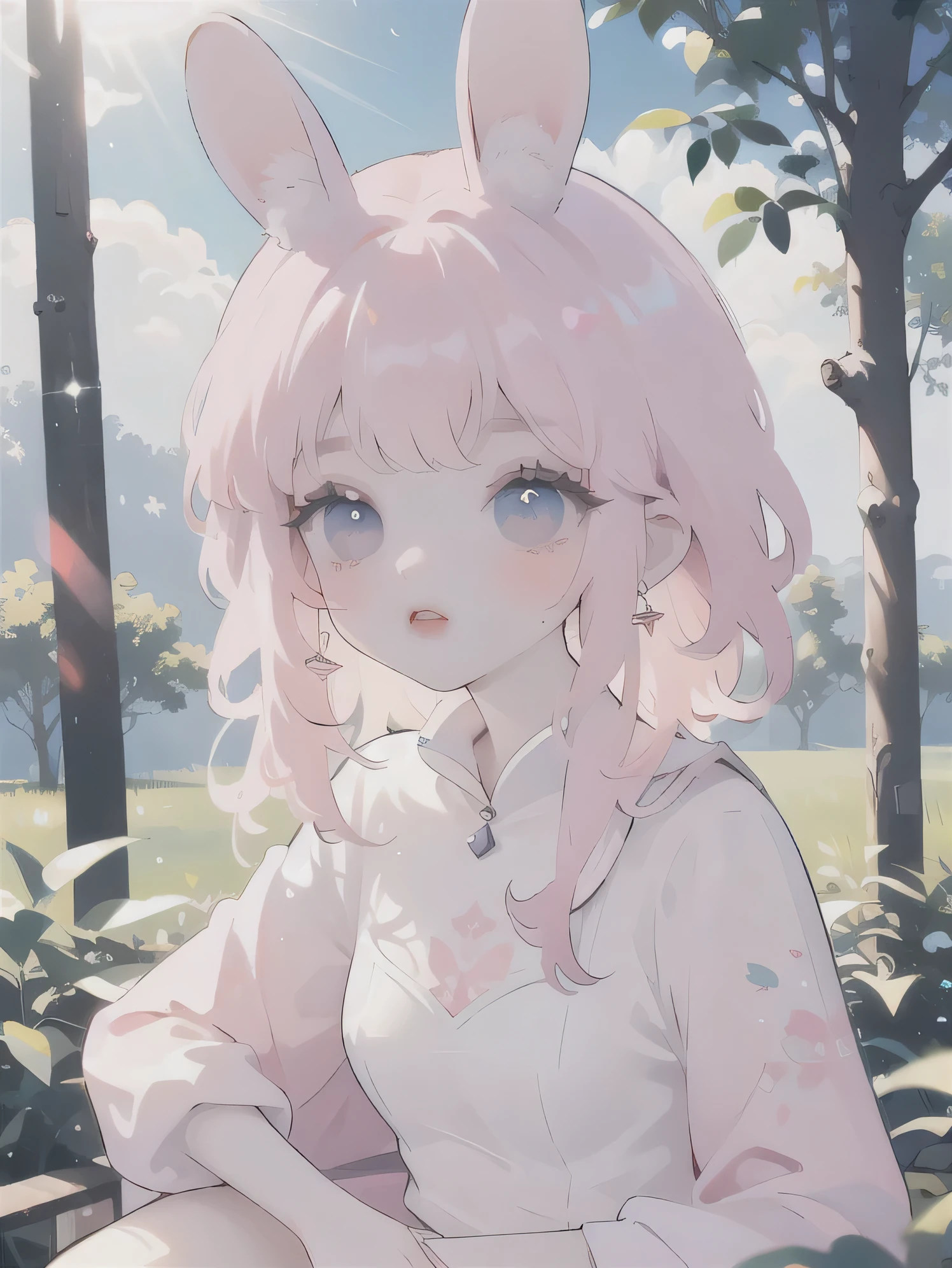 (high quality) (best quality) (a woman) (correct physiognomy) (Perfect students) (perfect eyes) woman with ears bunny in his head, deep pink long fluffy hair pink, two rabbit ears coming out of her head, blue eyes, sensitive lips, feminine appearance, soft facial features, thin eyebrows, soft skin, rosy cheeks, pink lips, silky eyelashes, dreamy expression, middle age, youthful clothes, printed sweatshirt, photo illuminated by sunlight, Woman sitting in the forest.