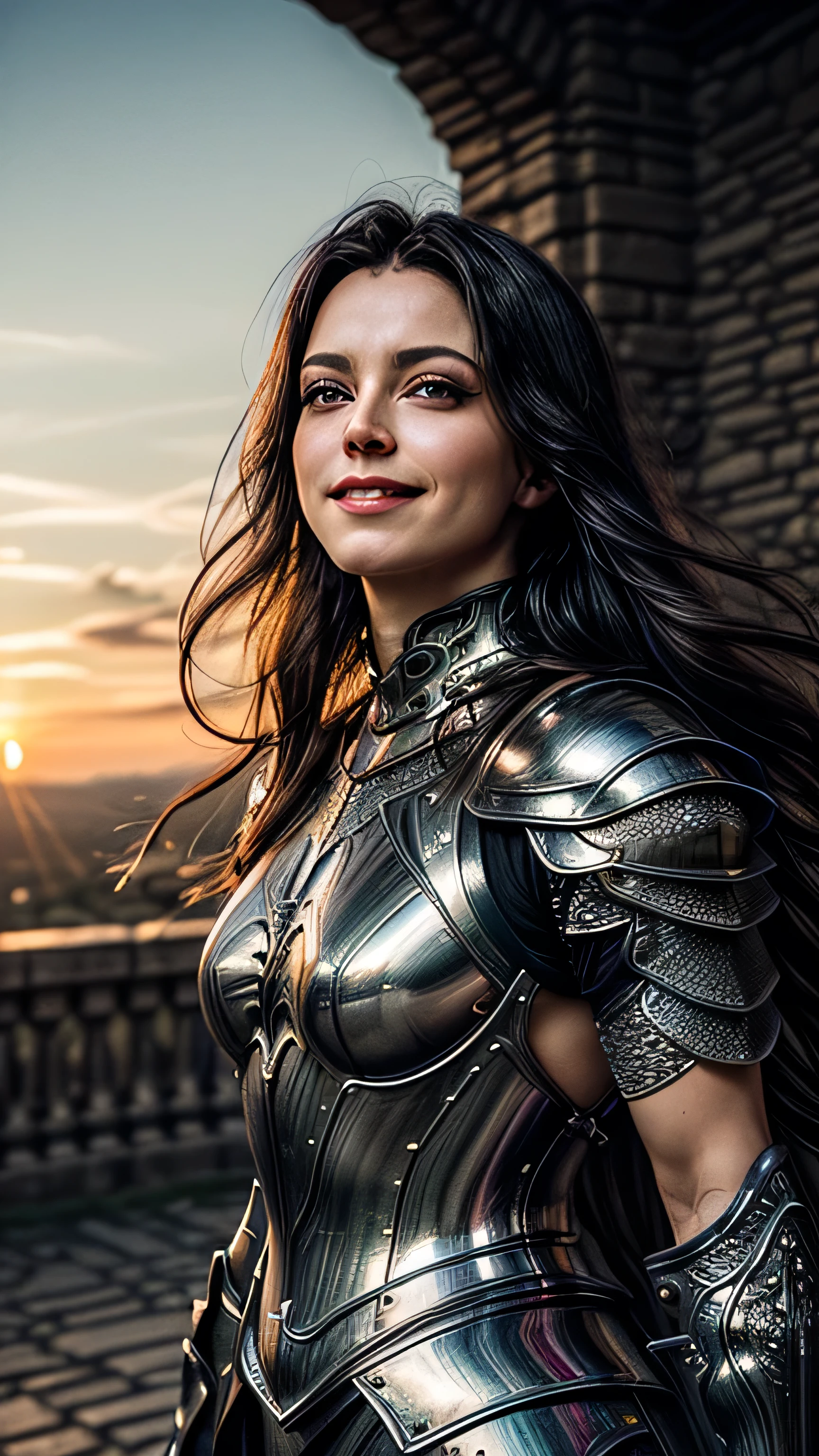 (masterpiece, photorealistic:1.4, extremely intricate:1.3), (photon mapping, radiosity, physically based rendering, ultra resolution, hyper-realistic, photorealistic:1.4, hyper-realistic, 8K), portrait of a muscular girl, ((Sumptuous armor from the late Renaissance, black chrome perfectchainmail armor:1.4, (long eyelashes), clear green eyes, smiling)), metal reflections, upper body, outdoors, intense sunlight, far away castle, professional photograph of a stunning woman, (long straight black hair, blowing, dynamic pose), sharp focus, dramatic, award winning, cinematic lighting, (film grain, bokeh, interaction, sunrise)
