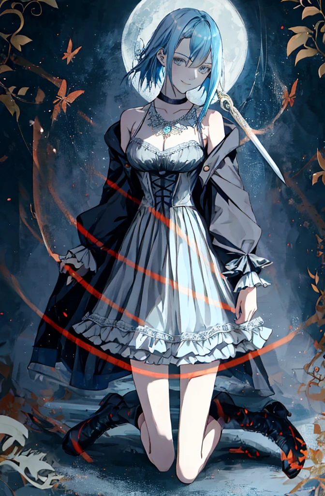  ((best quality)), ((masterpiece)), (detailed), 1girl, Character design, female, dynamic poses, ((long blue hair)), grey white eyes, very skinny, detailed, best quality, no accesoires around the neck, prominent collarbones, skinny arms, full body, blank white background, plain background, white background, ((red and white clothing)), Bloodborne inspired, occult aesthetic, occult, detailed and intricate steampunk and detailed gothic, Very dramatic and cinematic lighting, cosmic horror, grim-dark, side-lighting, perfect face,  Fluttering lace flared long knee length dress with frilly petticoats, knee length dress, pleated petticoats, petticoats gothic, complex lace boots, side-lighting, gothic aesthetic, wielding a mighty sword with mechanical components, mandalas, small breasts, a fairy, various different types of insect wings,full body, whole body, white holy clothes,white holy clothes,((evil smile)),(blue hair),she has a big sword in her hand,