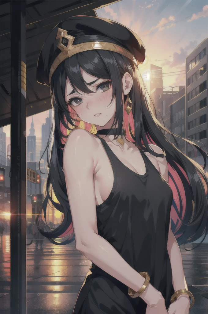 highres, highest quallity, illustration,  ultra detailed, (detailed face), (detailed eyes), soft lighting, best quality, hazy glow, dreamy atmosphere, hyper detailed, masterpiece, 1girl, solo,black long hair, (black eyes:1.2), (white tank top:1.0), luminous eyes, (colorful),from below, outdoors, clouds, tall buildings in background, industrial, public transportation, urban, concrete, sidewalk,summer, black Dhaka topi,black choker, silver bracelet,(wet:0.8),(sweat:0.8) ,(parted lips:1.3),backlighting, Radiant Sunset, Golden Embrace, Vibrant Twilight, Ablaze in Colors, Serenading Sun, romantic, looking pleasured,  (Beaming face,:1.2), (embarrassed,blush:1.3), Gleaming eyes, Sparkling gaze, Genial smile,(looking at viewer:1.2)