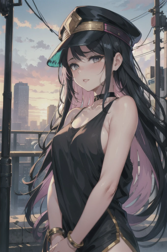 highres, highest quallity, illustration,  ultra detailed, (detailed face), (detailed eyes), soft lighting, best quality, hazy glow, dreamy atmosphere, hyper detailed, masterpiece, 1girl, solo,black long hair, (black eyes:1.2), (white tank top:1.0), luminous eyes, (colorful),from below, outdoors, clouds, tall buildings in background, industrial, public transportation, urban, concrete, sidewalk,summer, black Dhaka topi,black choker, silver bracelet,(wet:0.8),(sweat:0.8) ,(parted lips:1.3),backlighting, Radiant Sunset, Golden Embrace, Vibrant Twilight, Ablaze in Colors, Serenading Sun, romantic, looking pleasured,  (Beaming face,:1.2), (embarrassed,blush:1.3), Gleaming eyes, Sparkling gaze, Genial smile,(looking at viewer:1.2)